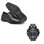 Sapato Social Masculino de Amarração Preto Elegante com Relógio Analógico