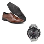 Sapato Social Masculino Formal Elegante de Amarrar com Relógio Analógico