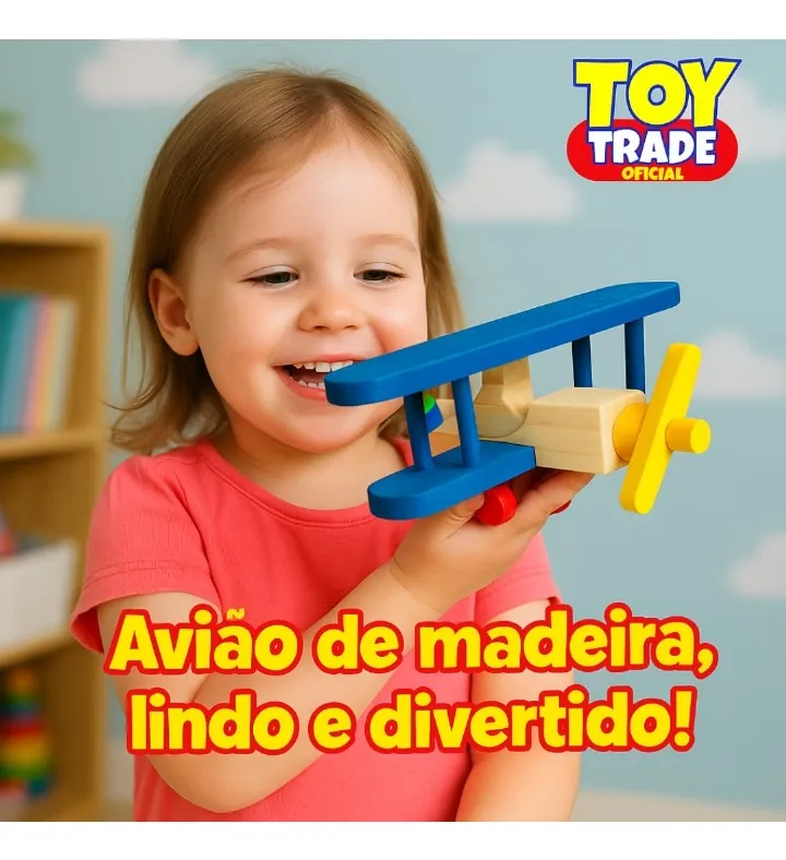 Avião Infantil Biplano Madeira Colorido Brinquedo Toy Trade - Imagem 2