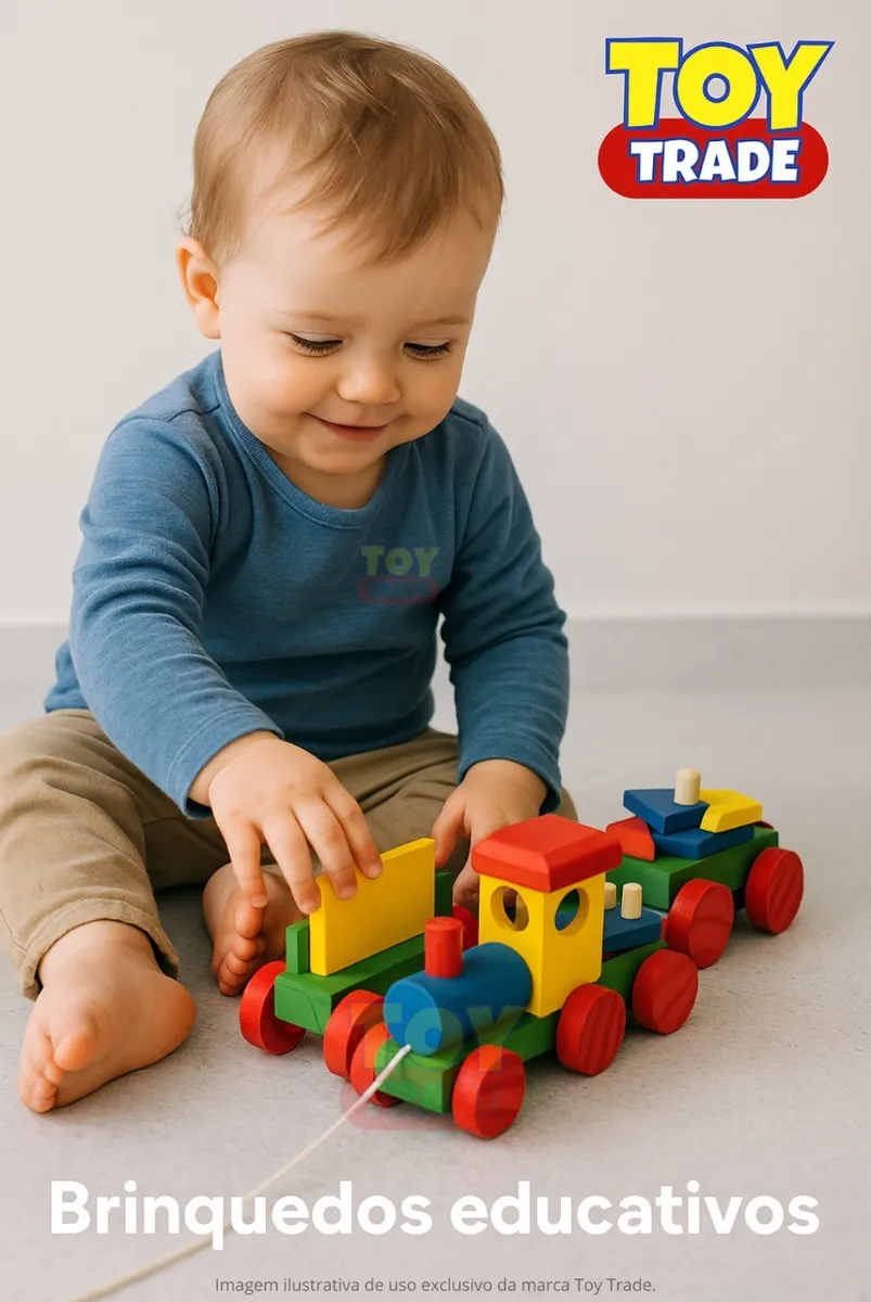 Trem De Madeira Educativo Colorido Cordinha Infantil Toytrad - Imagem 2