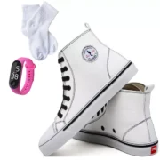 Kit Tênis Feminino Star Cano Alto Casual Básico de Amarrar Clássico All Confortável Relógio Digital e Meia - Imagem 2