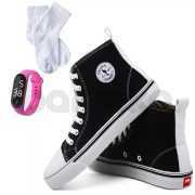 Kit Tênis Feminino Star Cano Alto Casual Básico de Amarrar Clássico All Confortável Relógio Digital e Meia