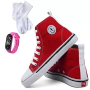 Kit Tênis Feminino Star Cano Alto Casual Básico de Amarrar Clássico All Confortável Relógio Digital e Meia - Imagem 3
