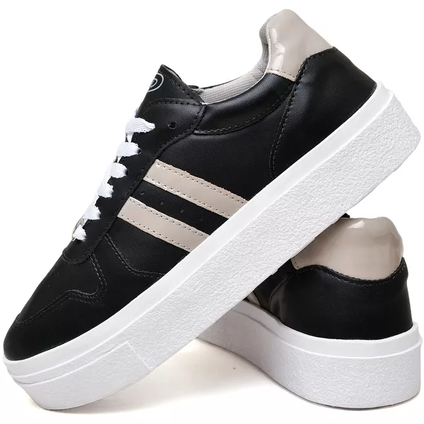 Tênis Feminino Estiloso em Verniz Sola Alta Moderno Confortável Preto