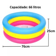 PISCINA INFLÁVEL INFANTIL REDONDA 66 LITROS 3 ANÉIS COLORIDA BEBÊ BANHO VERÃO - Imagem 2