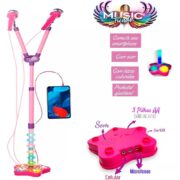 MICROFONE INFANTIL DUPLO PEDESTAL AMPLIFICADOR MUSICAL KARAOKE ROCK STAR CONECTA CELULAR MP3 LUZ ROSA - Imagem 2