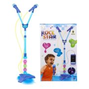 MICROFONE INFANTIL DUPLO PEDESTAL KARAOKE ROCK STAR AMPLIFICADOR MUSICAL CONECTA CELULAR MP3 LUZ AZUL - Imagem 2