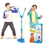 MICROFONE INFANTIL DUPLO PEDESTAL KARAOKE ROCK STAR AMPLIFICADOR MUSICAL CONECTA CELULAR MP3 LUZ AZUL