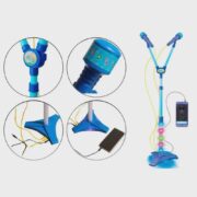 MICROFONE INFANTIL DUPLO PEDESTAL KARAOKE ROCK STAR AMPLIFICADOR MUSICAL CONECTA CELULAR MP3 LUZ AZUL - Imagem 5