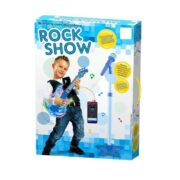 KIT MICROFONE GUITARRA INFANTIL ROCK STAR AMPLIFICADOR MUSICAL PEDESTAL KARAOKE MP3 CELULAR AZUL MENINO - Imagem 4