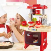 COZINHA INFANTIL GRANDE COMPLETA SOM LUZ TORNEIRA COM AGUA MINI MERCADO PANELAS TALHERES PROFISSIONAL - Imagem 6