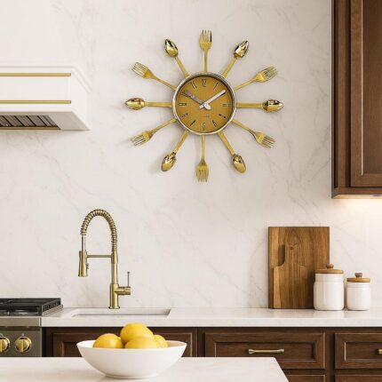 RELOGIO DE PAREDE DECORATIVO COZINHA ESTILO RETRO COM TALHERES DESIGN ELEGANTE MODERNO DOURADO LUXO